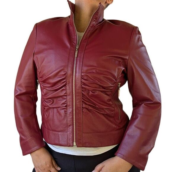 Vintage Genuine Leather Maroon Red Motorcycle Biker Jacket Punk Rocker Size XL - Picture 1 of 10